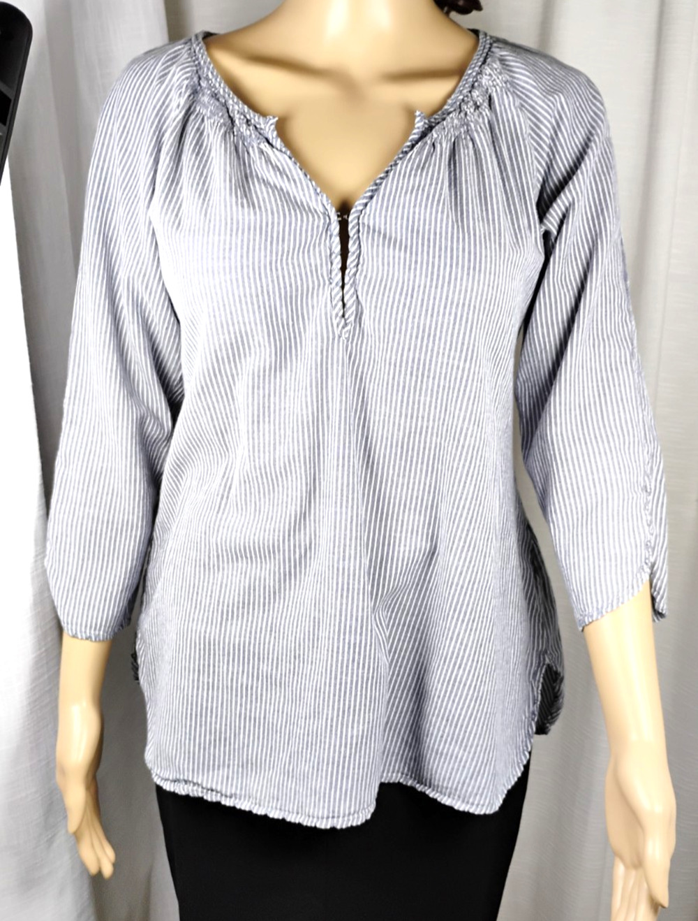 Culture 100% Cotton Pinstripe Raglan Sleeve Blouse 3/4 Coastal Large